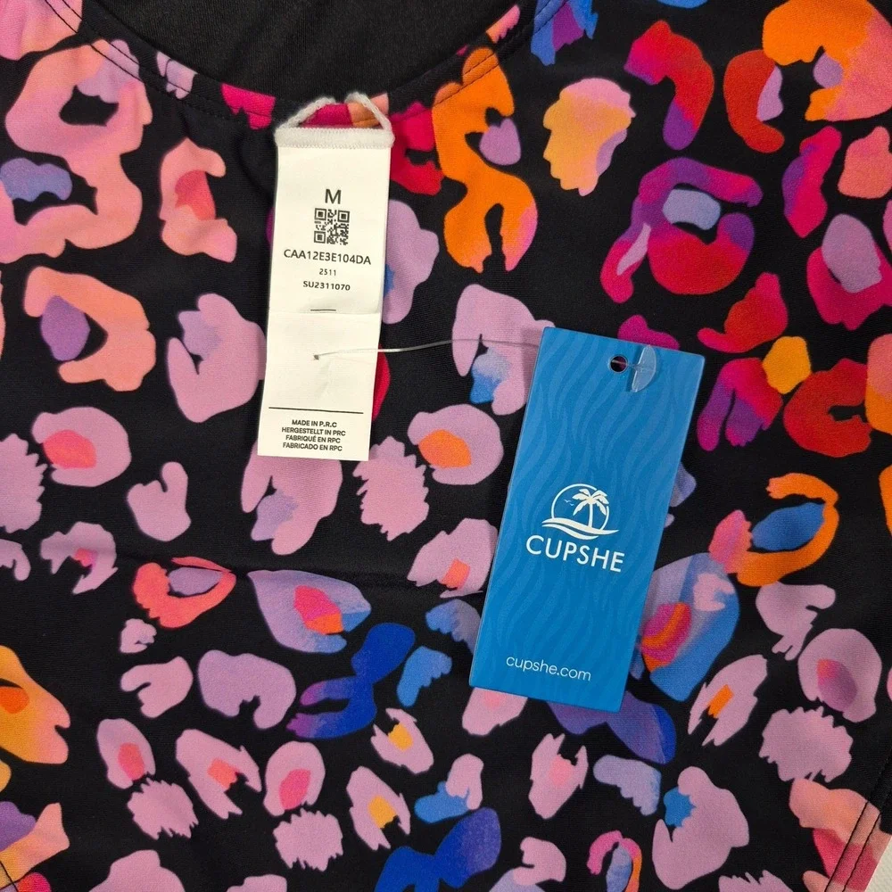 Cupshe One Piece Swimsuit Black Pink Leopard Print Tummy Control NWT Medium